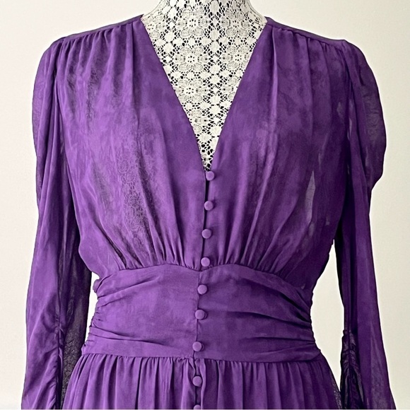 Zara Purple Jacquard Pleated Puff Sleeve Midi Dress Size S - Picture 2 of 16